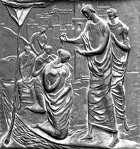 Chrzest Lidii - płaskorzeźba na drzwiach katowickiej katedry Chrystusa Króla